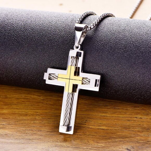 Men's 2.01 Inches Stainless Steel Cross Jesus Christ Rolo Chain Necklace - Picture 7 of 9